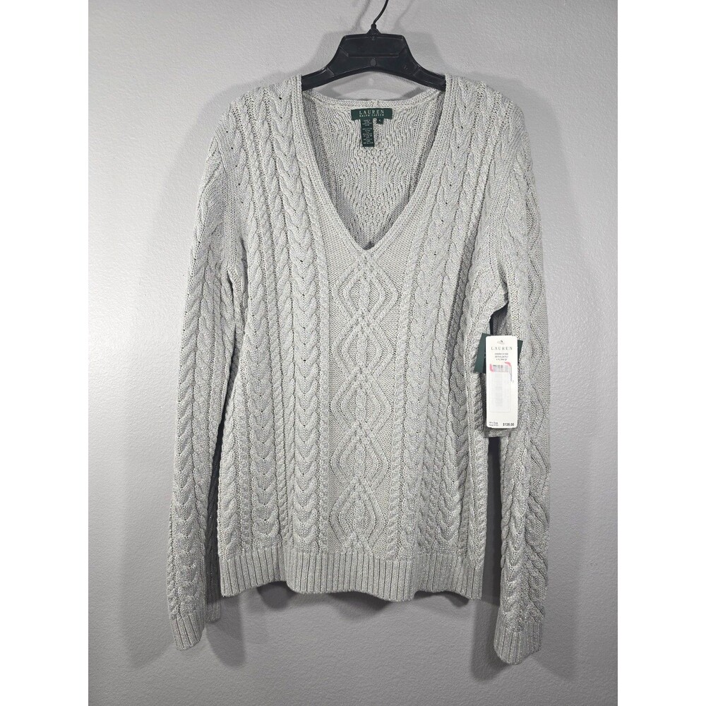 Lauren Ralph Lauren Sweater Womens XL Gray Metallic Cable Knit V-Neck Y2K Preppy